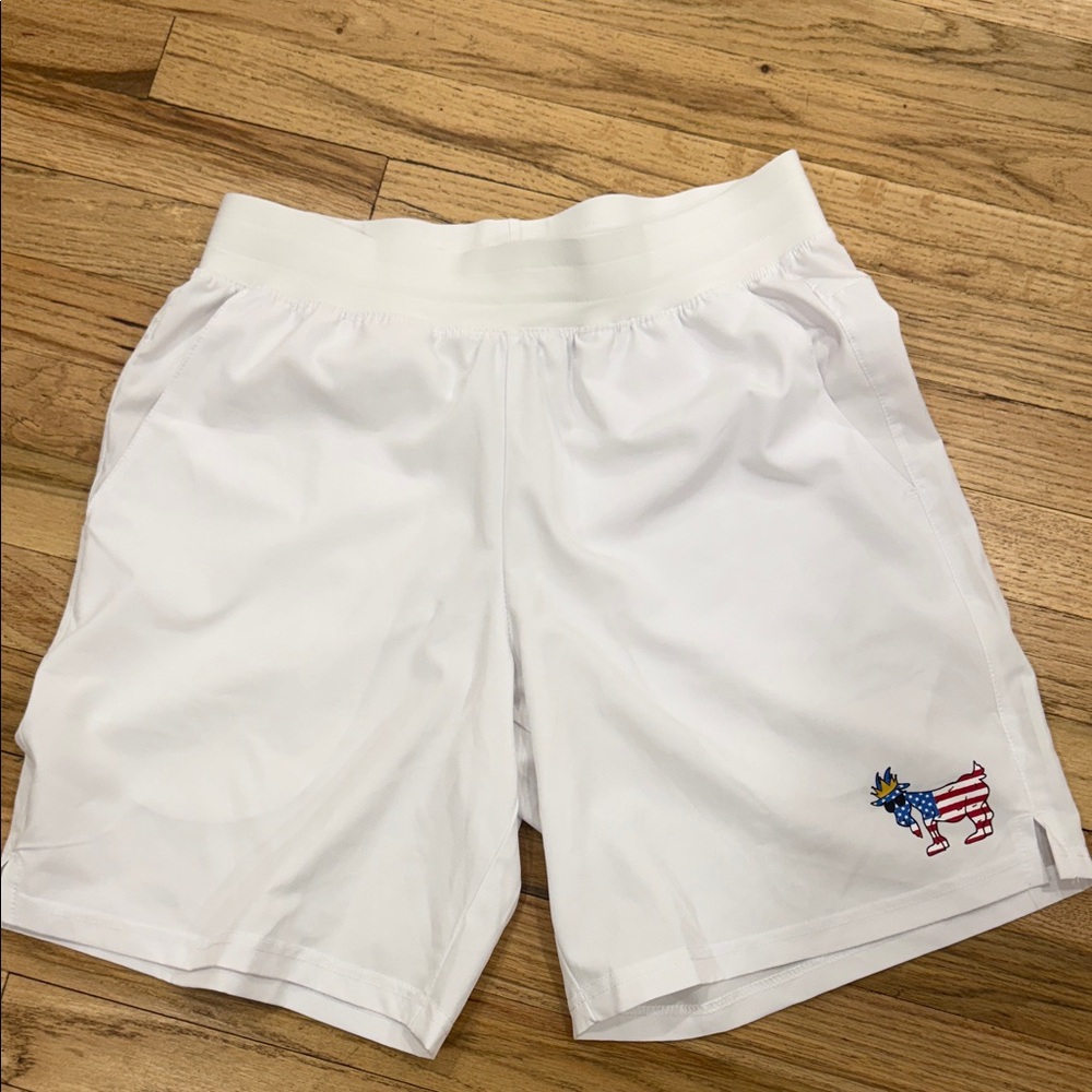 GOAT Men's White Athletic Shorts with USA Donkey Patch. Size men S